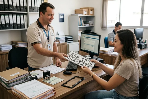Despachante em Marília oferecendo serviço de primeiro emplacamento, com cliente satisfeito recebendo placa.